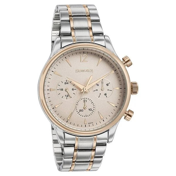 Sonata 77146KM01 | Sonata Quartz Multifunction Pink Dial Two Toned Stainless Steel Strap Watch For Men