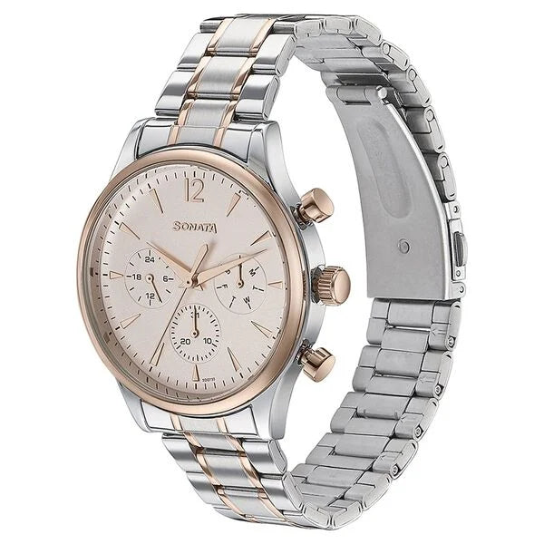 Sonata 77146KM01 | Sonata Quartz Multifunction Pink Dial Two Toned Stainless Steel Strap Watch For Men