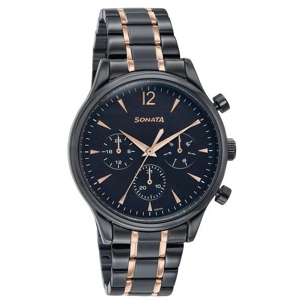 Sonata 77146KM02 | Sonata Wedding Edit Quartz Multifunction Black Dial Stainless Steel Strap Watch For Men