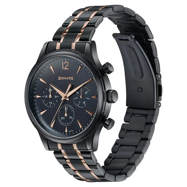 Sonata 77146KM02 | Sonata Wedding Edit Quartz Multifunction Black Dial Stainless Steel Strap Watch For Men
