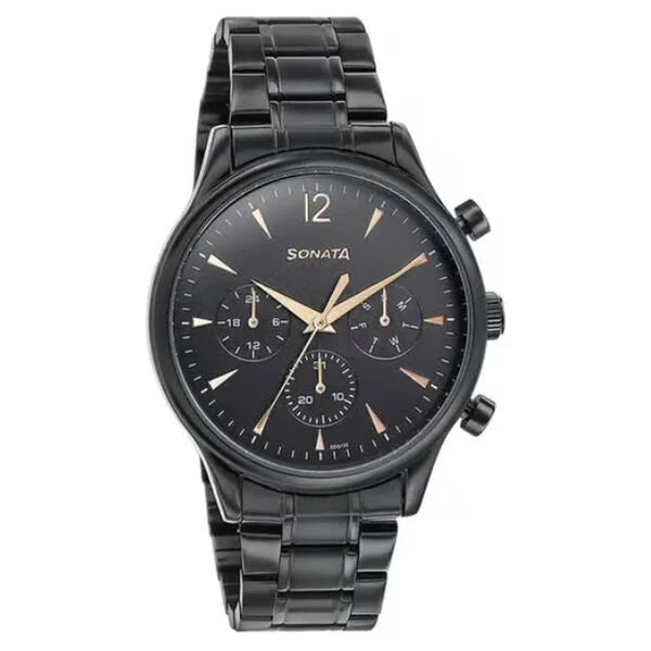 Sonata 77146NM01 | Sonata Wedding Edit Quartz Multifunction Black Dial Stainless Steel Strap Watch For Men