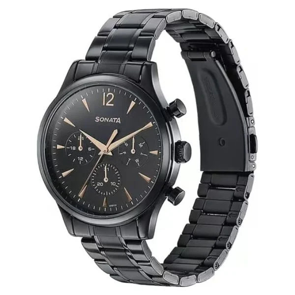 Sonata 77146NM01 | Sonata Wedding Edit Quartz Multifunction Black Dial Stainless Steel Strap Watch For Men