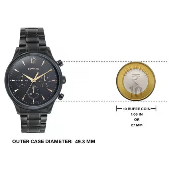 Sonata 77146NM01 | Sonata Wedding Edit Quartz Multifunction Black Dial Stainless Steel Strap Watch For Men