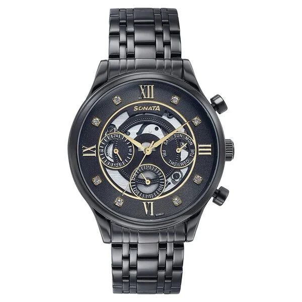 Sonata 77146NM02 | Sonata Quartz Multifunction Black Dial Stainless Steel Strap Watch For Men