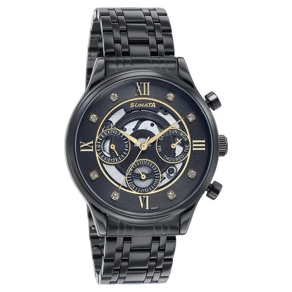 Sonata 77146NM02 | Sonata Quartz Multifunction Black Dial Stainless Steel Strap Watch For Men