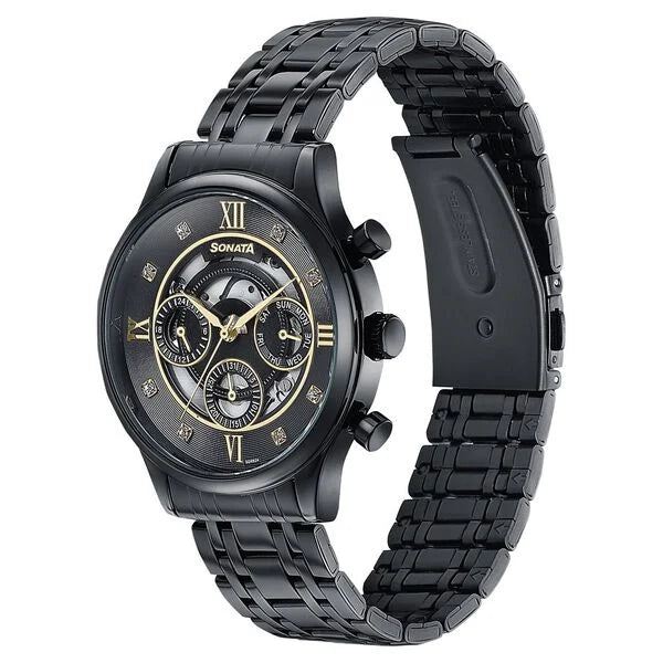 Sonata 77146NM02 | Sonata Quartz Multifunction Black Dial Stainless Steel Strap Watch For Men