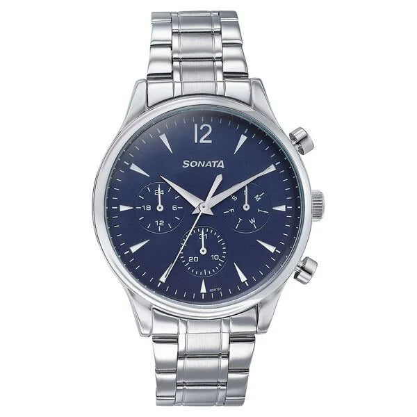 Sonata 77146SM02 | Sonata Wedding Edit Quartz Multifunction Blue Dial Stainless Steel Strap Watch For Men