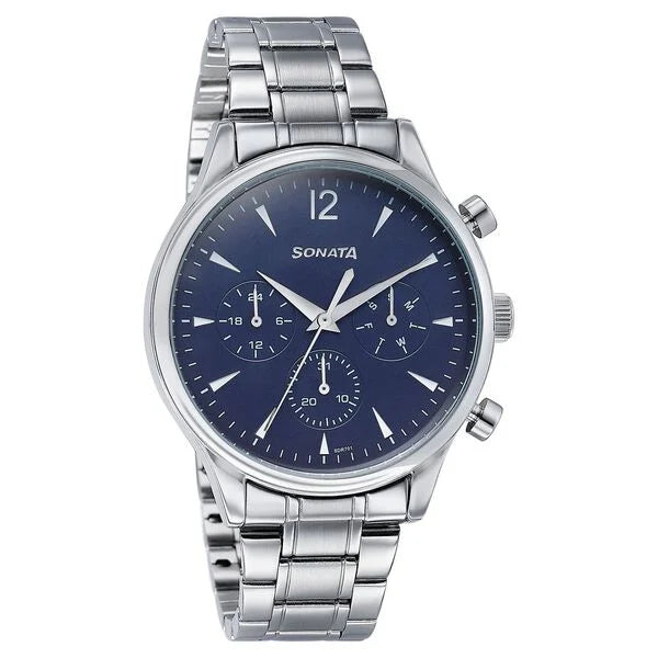 Sonata 77146SM02 | Sonata Wedding Edit Quartz Multifunction Blue Dial Stainless Steel Strap Watch For Men