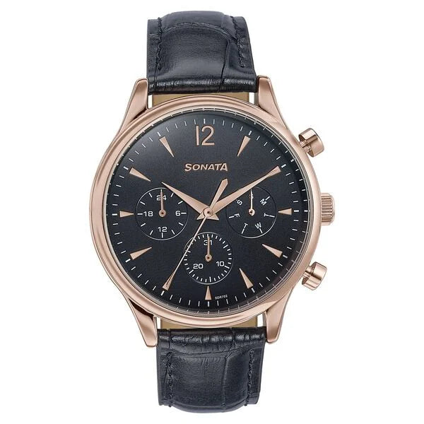 Sonata 77146WL02 | Sonata Wedding Edit Quartz Multifunction Black Dial Leather Strap Watch For Men