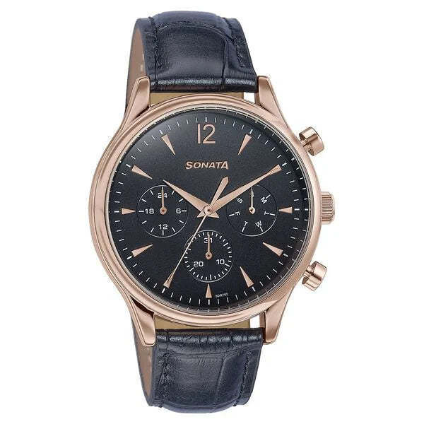 Sonata 77146WL02 | Sonata Wedding Edit Quartz Multifunction Black Dial Leather Strap Watch For Men