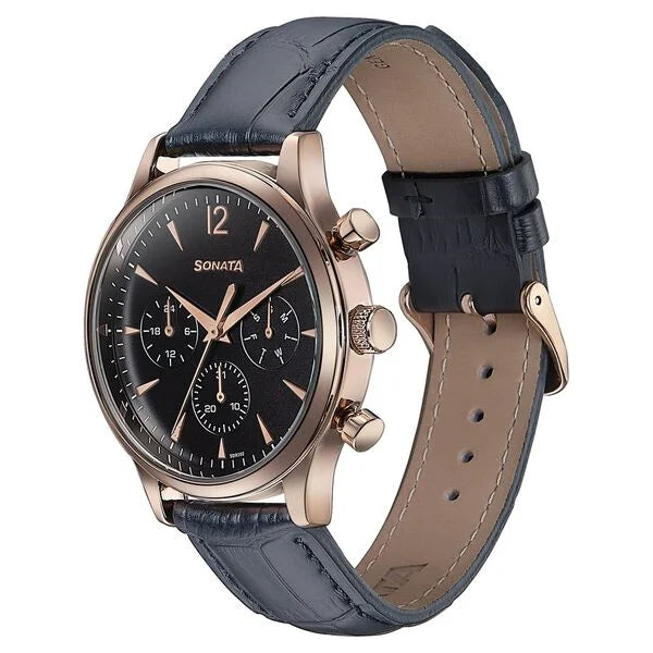 Sonata 77146WL02 | Sonata Wedding Edit Quartz Multifunction Black Dial Leather Strap Watch For Men