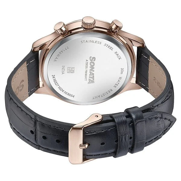 Sonata 77146WL02 | Sonata Wedding Edit Quartz Multifunction Black Dial Leather Strap Watch For Men