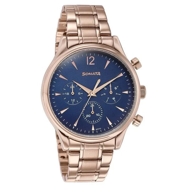 Sonata 77146WM01 | Sonata Wedding Edit Quartz Multifunction Blue Dial Stainless Steel Strap Watch For Men