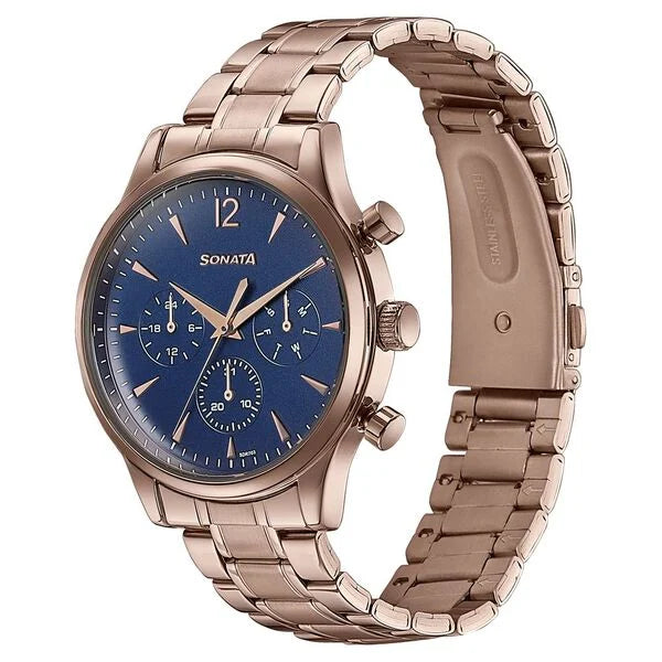 Sonata 77146WM01 | Sonata Wedding Edit Quartz Multifunction Blue Dial Stainless Steel Strap Watch For Men