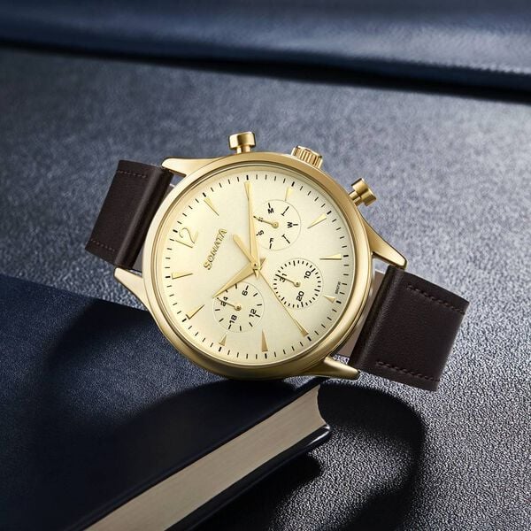 Sonata 77146YL01 | Sonata Quartz Multifunction Golden Dial Brown Leather Strap Watch For Men