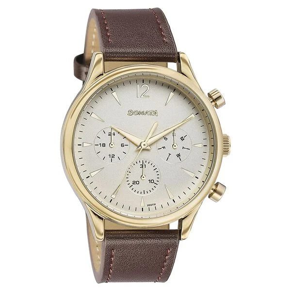 Sonata 77146YL01 | Sonata Quartz Multifunction Golden Dial Brown Leather Strap Watch For Men
