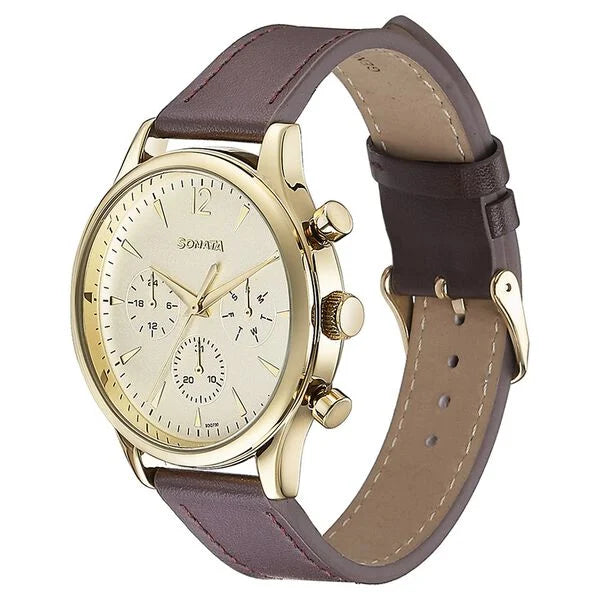 Sonata 77146YL01 | Sonata Quartz Multifunction Golden Dial Brown Leather Strap Watch For Men