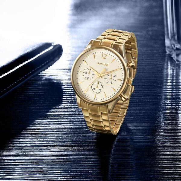 Sonata 77146YM01 | Sonata Quartz Multifunction White Dial Golden Stainless Steel Strap Watch For Men