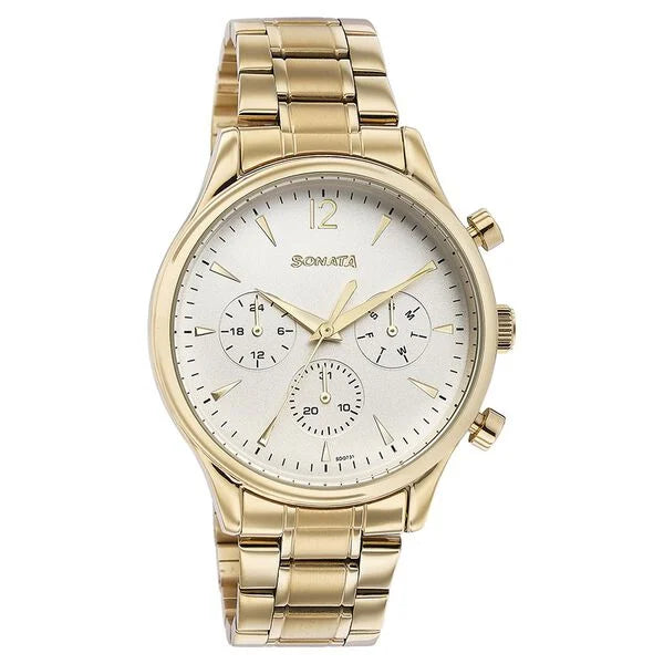 Sonata 77146YM01 | Sonata Quartz Multifunction White Dial Golden Stainless Steel Strap Watch For Men