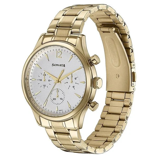 Sonata 77146YM01 | Sonata Quartz Multifunction White Dial Golden Stainless Steel Strap Watch For Men