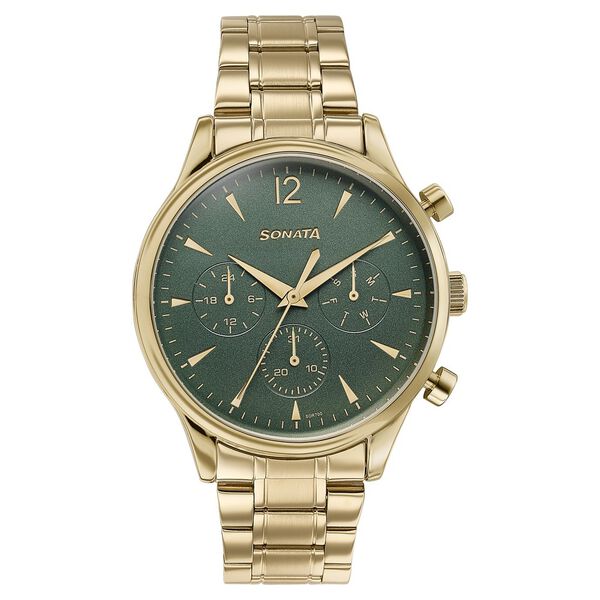 Sonata 77146YM02 | Sonata Wedding Edit Quartz Multifunction Green Dial Stainless Steel Strap Watch For Men