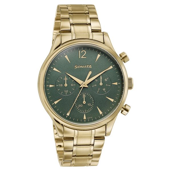 Sonata 77146YM02 | Sonata Wedding Edit Quartz Multifunction Green Dial Stainless Steel Strap Watch For Men