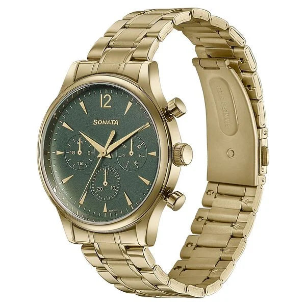 Sonata 77146YM02 | Sonata Wedding Edit Quartz Multifunction Green Dial Stainless Steel Strap Watch For Men