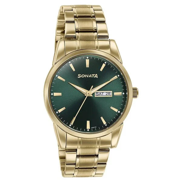 Sonata 77147YM02 | Sonata Quartz Analog with Day and Date Green Dial Golden Stainless Steel Strap Watch For Men