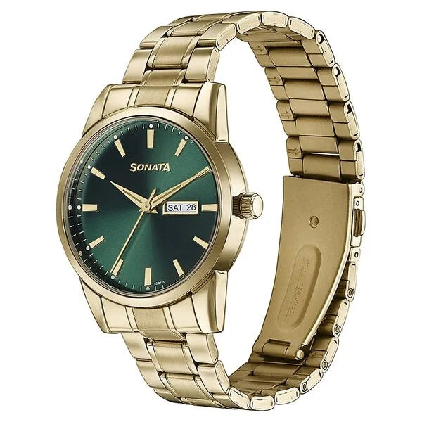 Sonata 77147YM02 | Sonata Quartz Analog with Day and Date Green Dial Golden Stainless Steel Strap Watch For Men