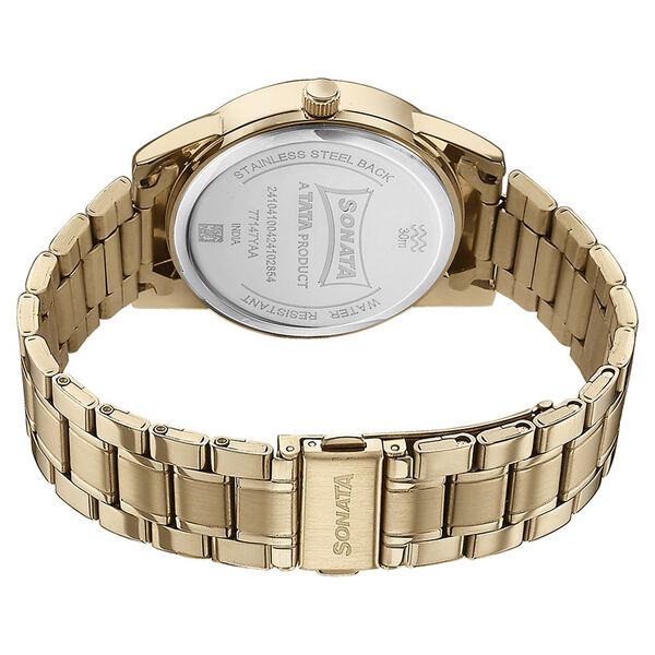 Sonata 77147YM02 | Sonata Quartz Analog with Day and Date Green Dial Golden Stainless Steel Strap Watch For Men
