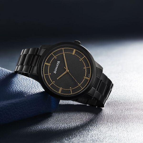 Sonata 77148NM01 | Sonata Quartz Analog Black Dial Black Stainless Steel Strap Watch For Men