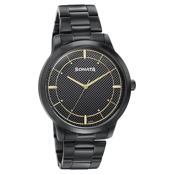 Sonata 77148NM01 | Sonata Quartz Analog Black Dial Black Stainless Steel Strap Watch For Men