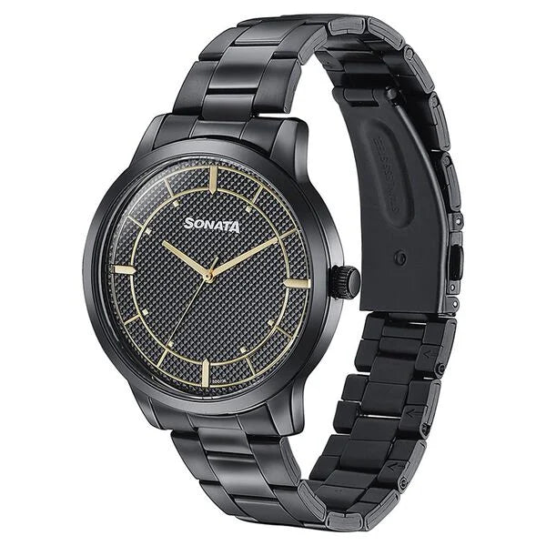 Sonata 77148NM01 | Sonata Quartz Analog Black Dial Black Stainless Steel Strap Watch For Men