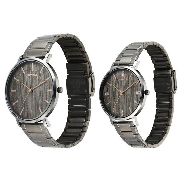 Sonata 7715087073QM01 | Sonata Soulmate Quartz Analog Grey Dial Grey Stainless Steel Strap Watch For Couple
