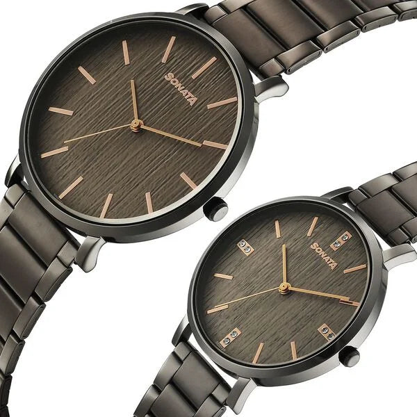 Sonata 7715087073QM01 | Sonata Soulmate Quartz Analog Grey Dial Grey Stainless Steel Strap Watch For Couple