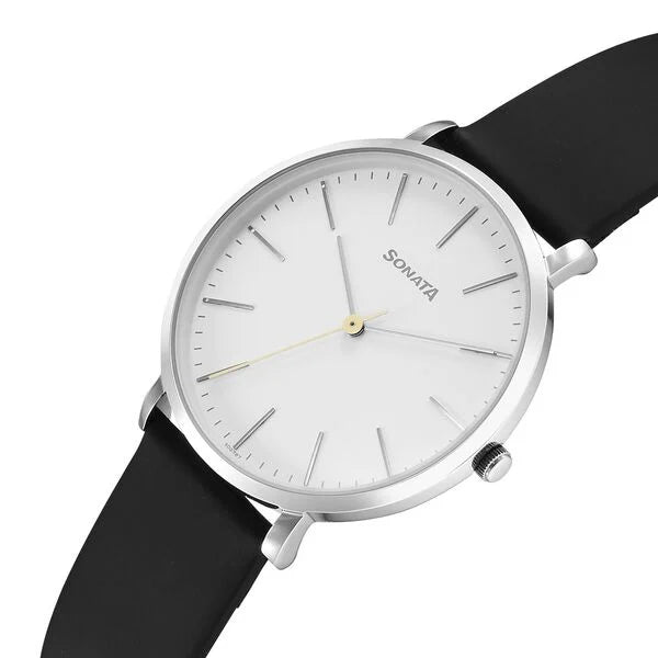 Sonata 77150SL01 | Sonata Ascent Quartz Analog White Dial Leather Strap Watch For Men
