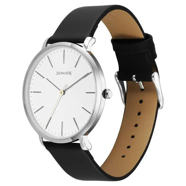Sonata 77150SL01 | Sonata Ascent Quartz Analog White Dial Leather Strap Watch For Men