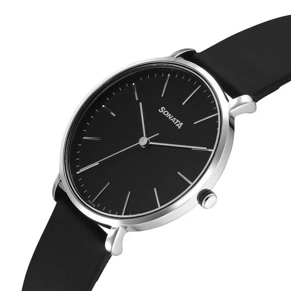 Sonata 77150SL02 | Sonata Ascent Quartz Analog Black Dial Leather Strap Watch For Men