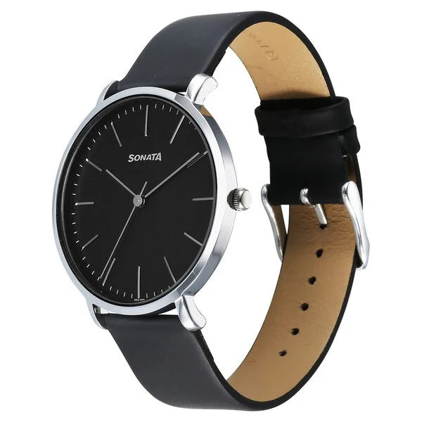 Sonata 77150SL02 | Sonata Ascent Quartz Analog Black Dial Leather Strap Watch For Men