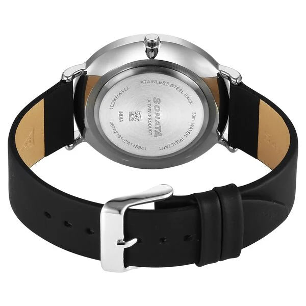 Sonata 77150SL02 | Sonata Ascent Quartz Analog Black Dial Leather Strap Watch For Men
