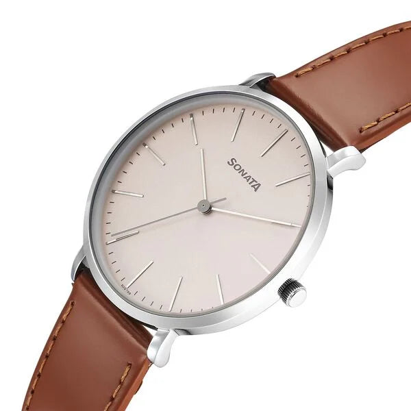 Sonata 77150SL03 | Sonata Ascent Quartz Analog Off White Dial Leather Strap Watch For Men