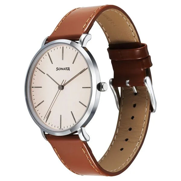 Sonata 77150SL03 | Sonata Ascent Quartz Analog Off White Dial Leather Strap Watch For Men