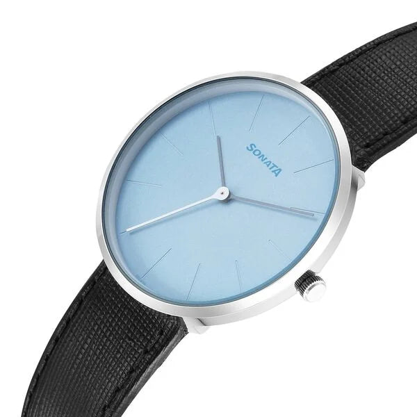 Sonata 77152SL03 | Sonata Ascent Quartz Analog Blue Dial Leather Strap Watch For Men
