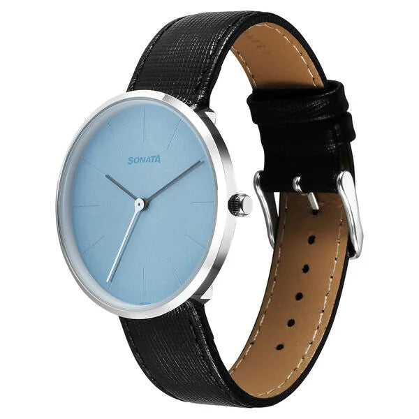 Sonata 77152SL03 | Sonata Ascent Quartz Analog Blue Dial Leather Strap Watch For Men