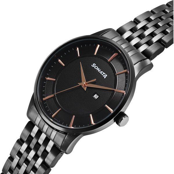 Sonata 77153NM01 | Sonata Wedding Quartz Analog Black Dial Stainless Steel Strap Watch For Men