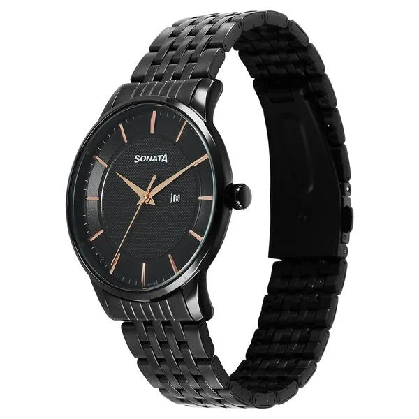 Sonata 77153NM01 | Sonata Wedding Quartz Analog Black Dial Stainless Steel Strap Watch For Men
