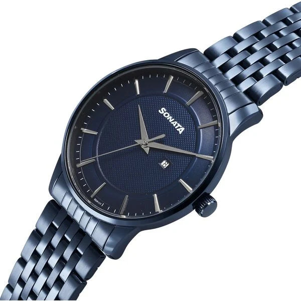 Sonata 77153QM01 | Sonata Wedding Quartz Analog Blue Dial Stainless Steel Strap Watch For Men