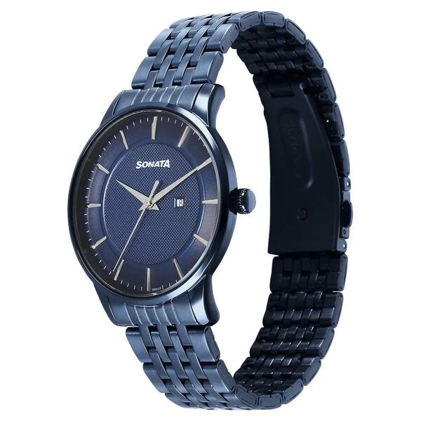 Sonata 77153QM01 | Sonata Wedding Quartz Analog Blue Dial Stainless Steel Strap Watch For Men