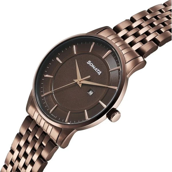 Sonata 77153QM02 | Sonata Wedding Quartz Analog Brown Dial Stainless Steel Strap Watch For Men