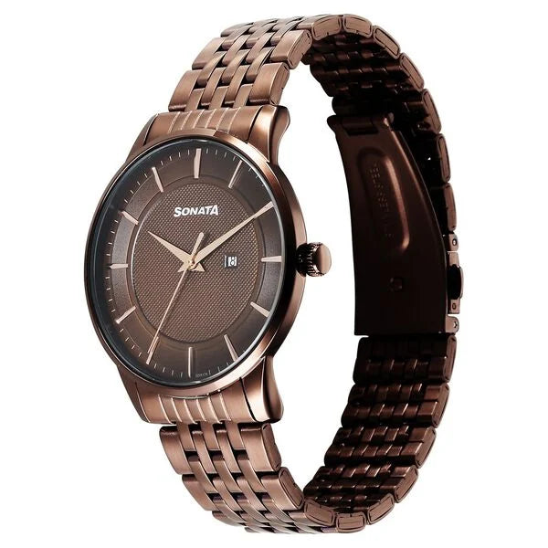 Sonata 77153QM02 | Sonata Wedding Quartz Analog Brown Dial Stainless Steel Strap Watch For Men